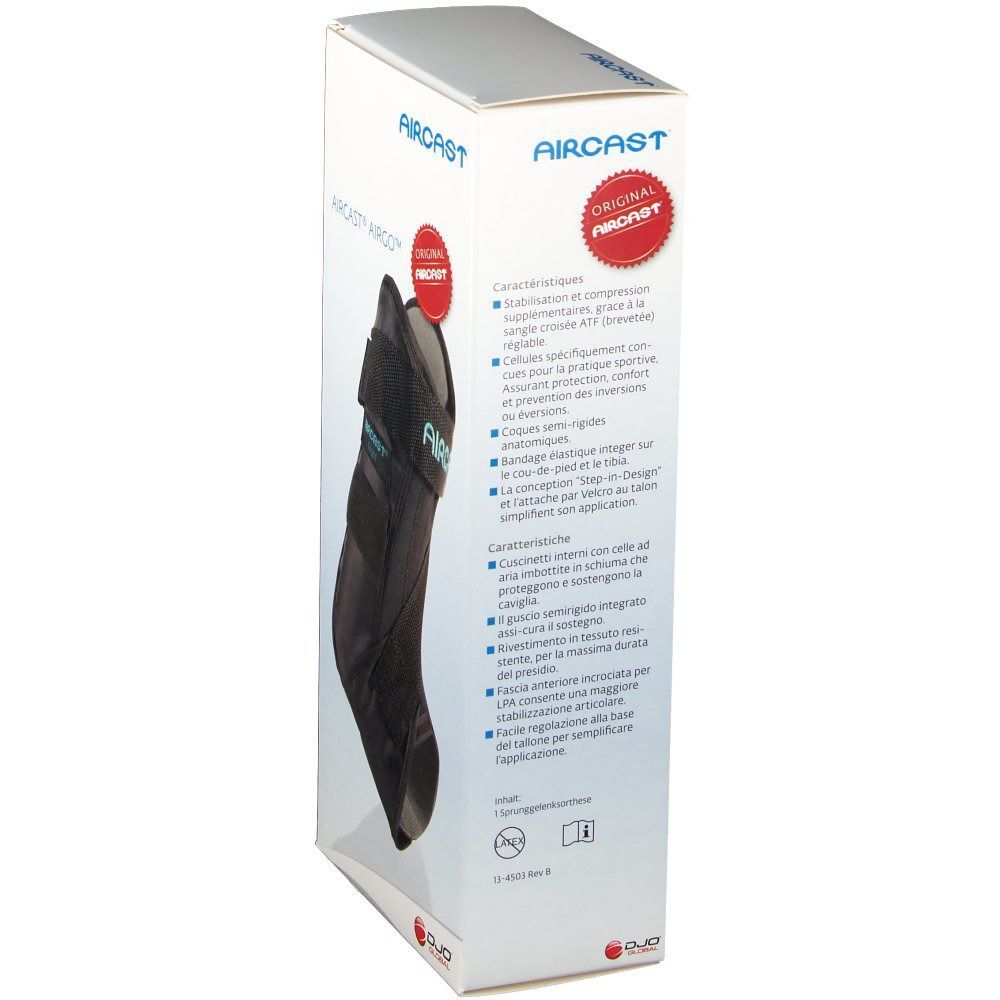 Seitenansicht der Produktverpackung. Text und Produktabbildung. AIRCAST® AIRGO™ ist sichtbar.