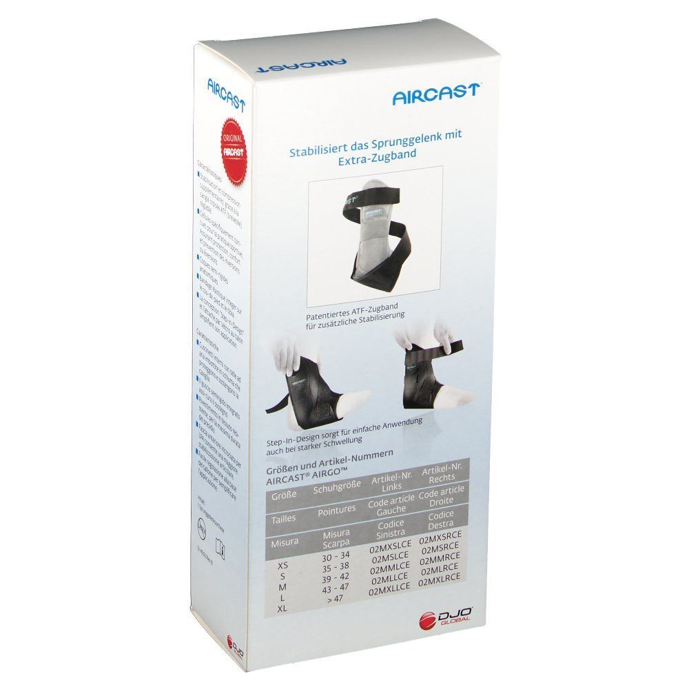 Rückseite der Produktverpackung. Abbildungen und Text. AIRCAST® AIRGO™ Sprunggelenkorthese.
