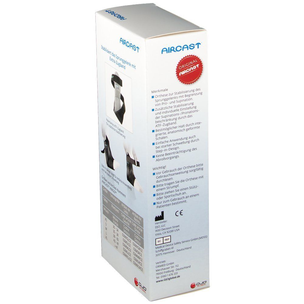 Rückseite der Produktverpackung. Text und Abbildungen. AIRCAST® AIRGO™ Sprunggelenkorthese.
