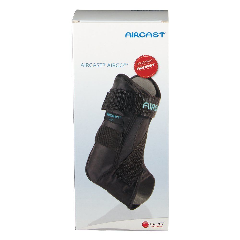 Produktverpackung. AIRCAST® AIRGO™ Sprunggelenkorthese in der Schachtel. Logo und Produktname.