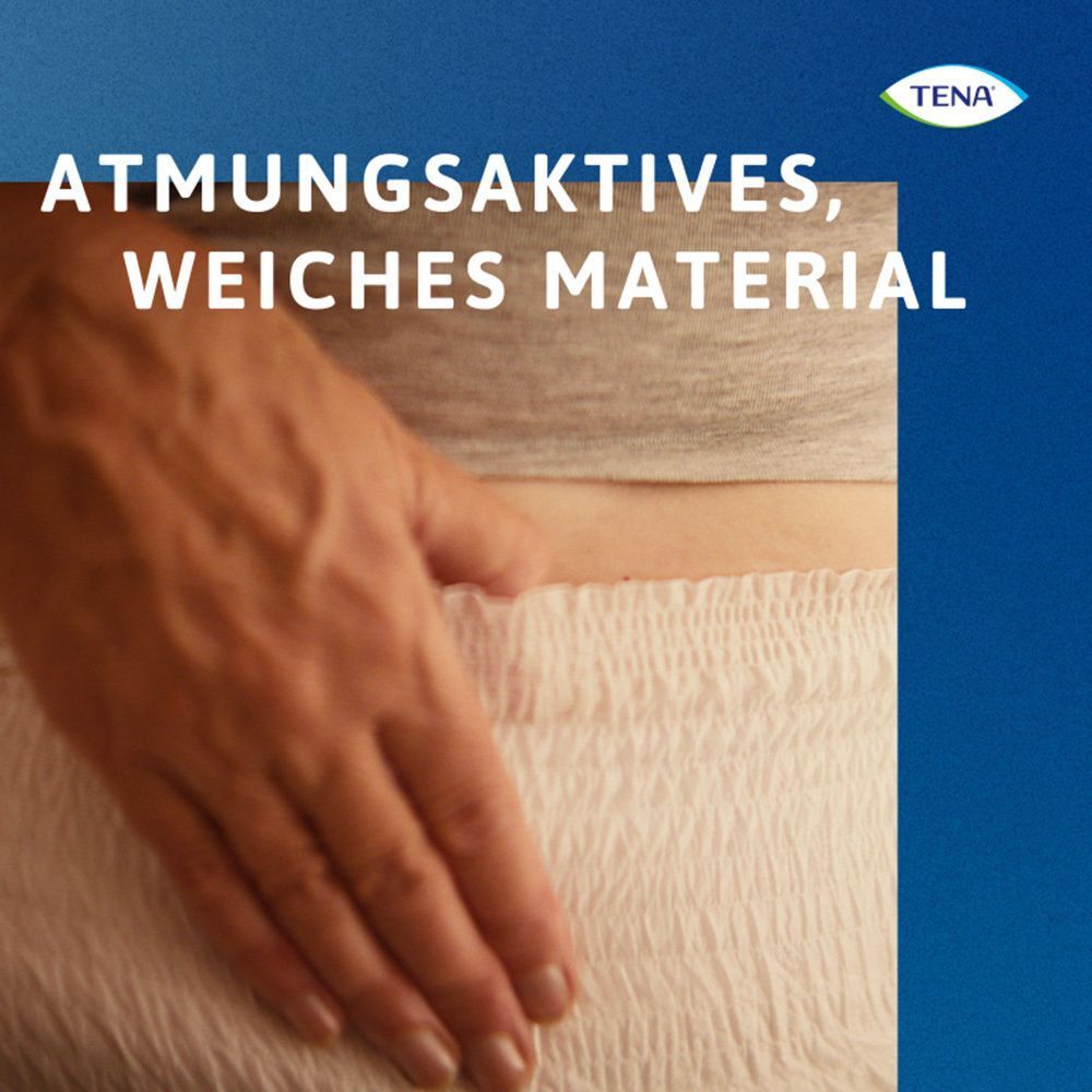 Person trägt weiße TENA Pants. Text: Atmungsaktives, weiches Material.