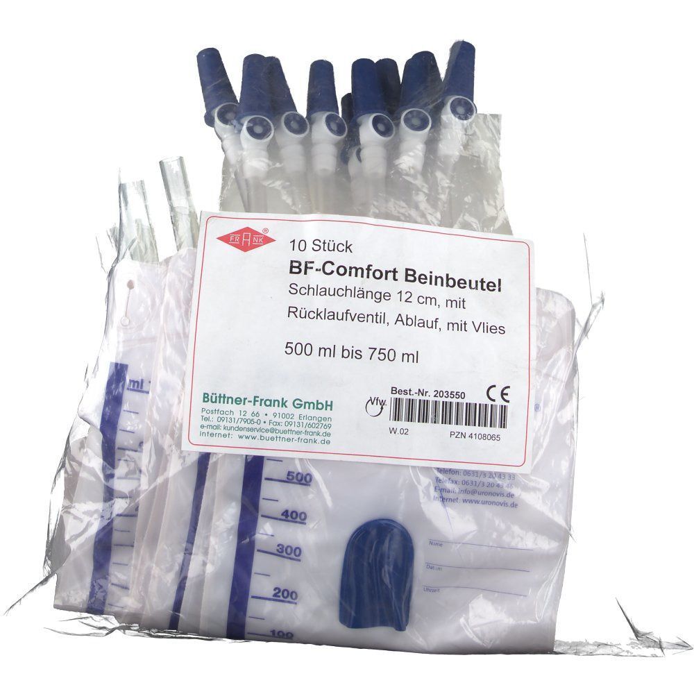 Verpackung mit Beinbeuteln. Aufdruck mit Produktinformationen. Sichtbar: 10 Stück, 500 ml bis 750 ml, 12 cm Schlauch.