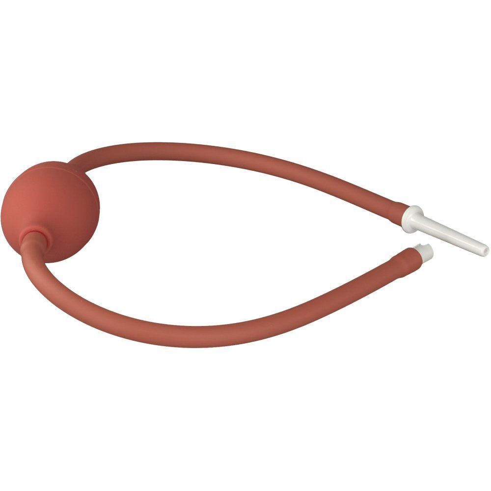 Handpumpe. Roter Gummiball, Schlauch und weißer Einsatz. Das Gerät ist in einer geschwungenen Form angeordnet.