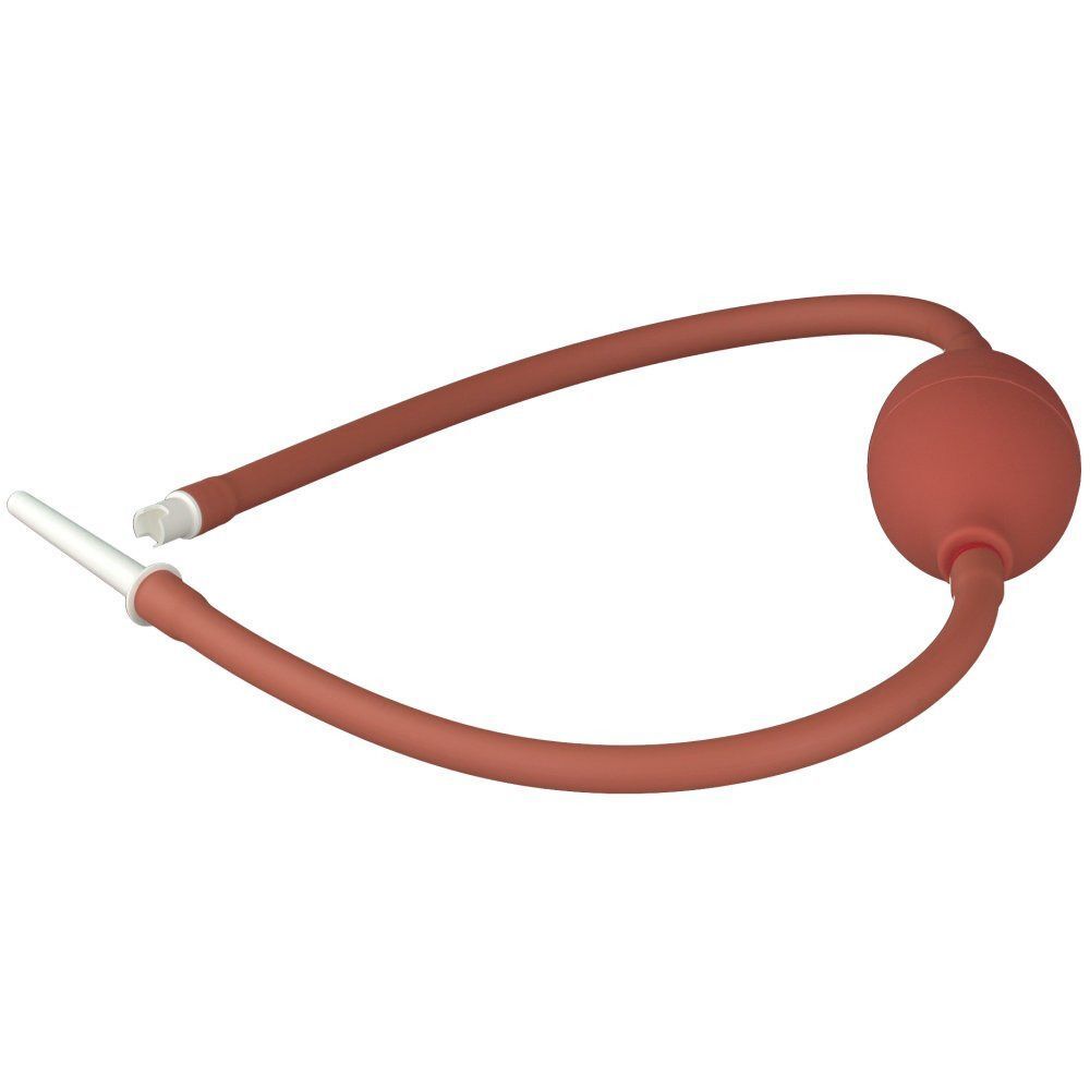 Handpumpe. Roter Gummiball, Schlauch und weißer Einsatz. Das Gerät ist in einer geschwungenen Form angeordnet.