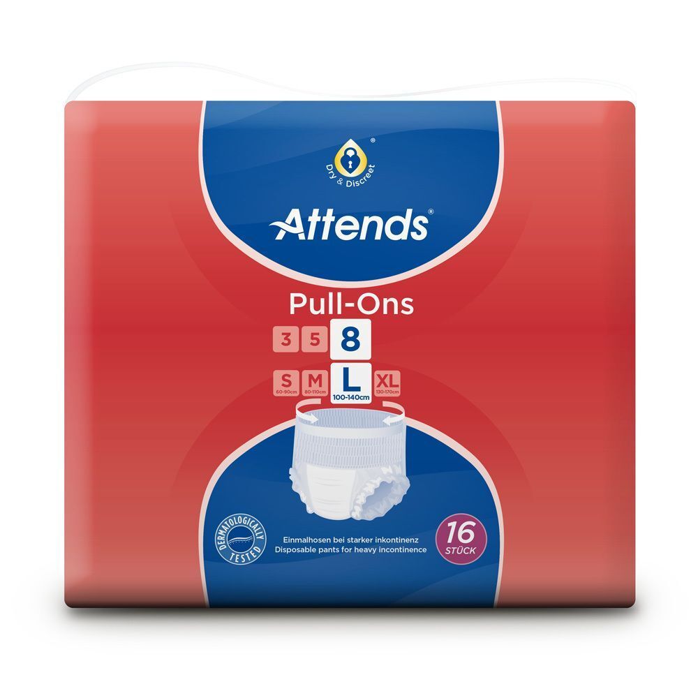 Attends Pull-Ons 8 L Packung. Rote Verpackung mit Produktname, Größenangabe und 16 Stück. Windel abgebildet.
