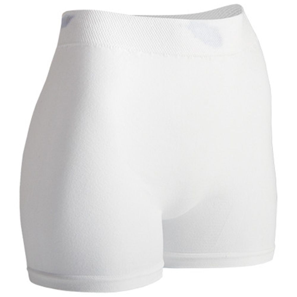 Weiße Fixierhose, Ansicht von der Seite. Elastischer Bund. Kurze Beine. Aus weißem, strukturiertem Stoff.