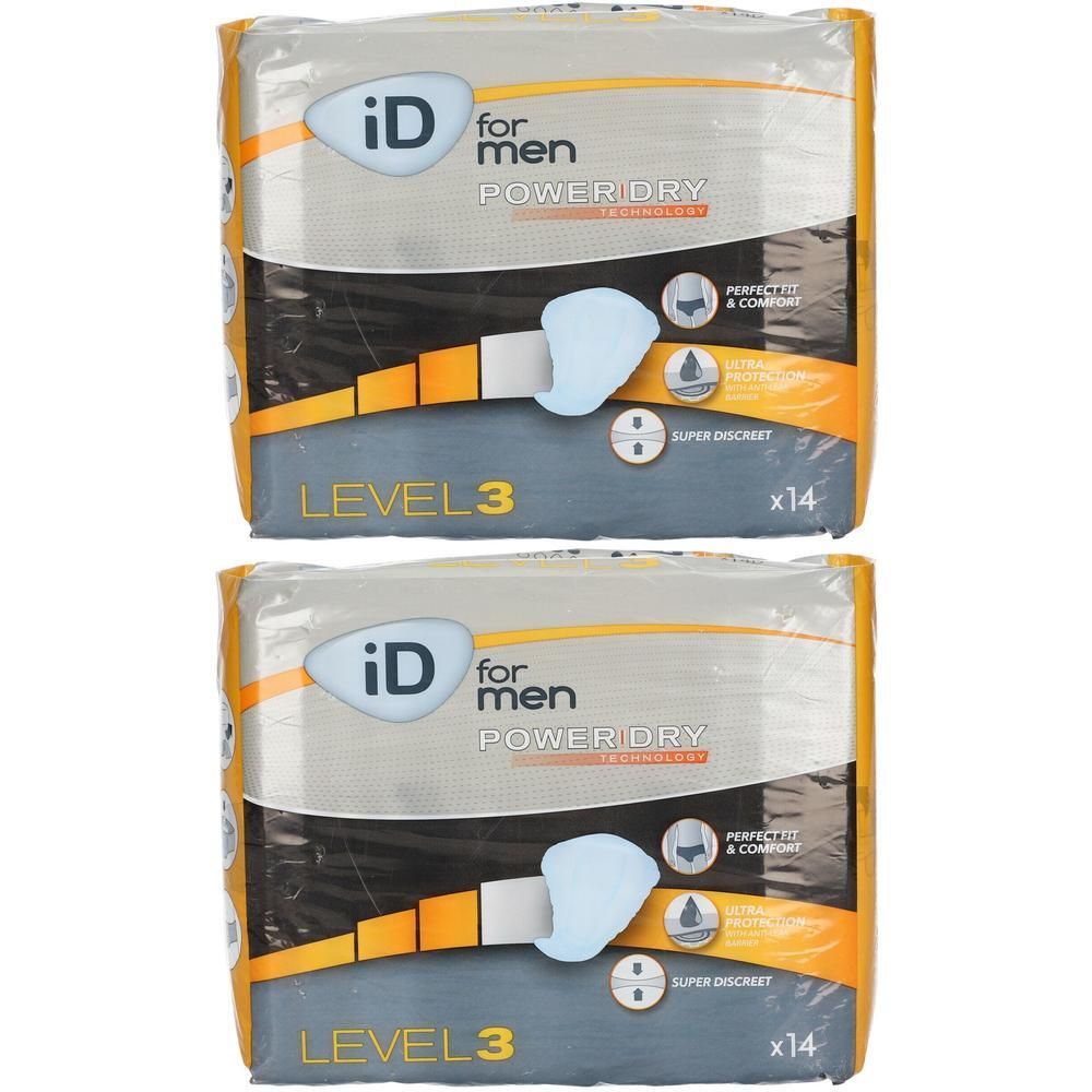 Zwei Packungen iD for men Level 3. Verpackung mit Produktabbildung und Text. Aufschrift: POWER DRY, x14, perfekt & komfortabel.