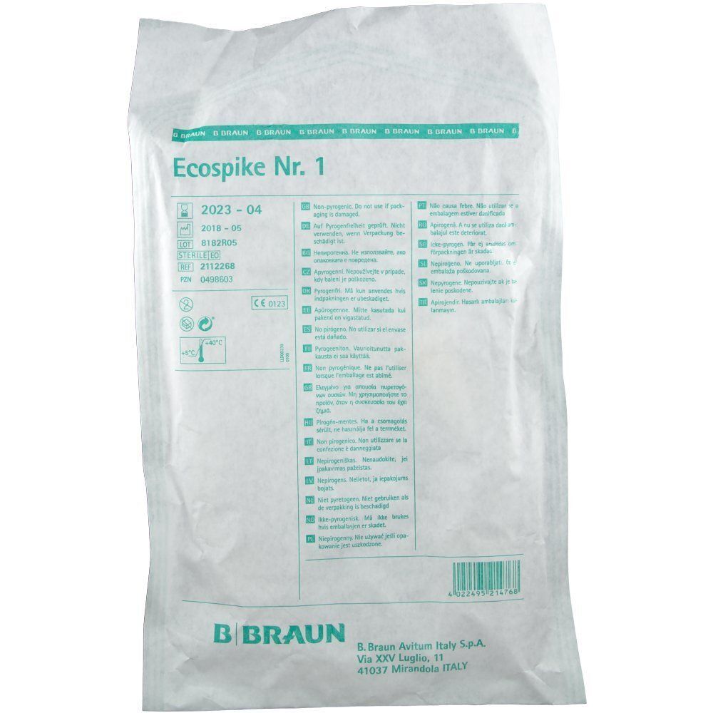 Verpackung mit Produktnamen "Ecospike Nr. 1". Grün-weiße Verpackung mit Text und Logo von B. Braun.