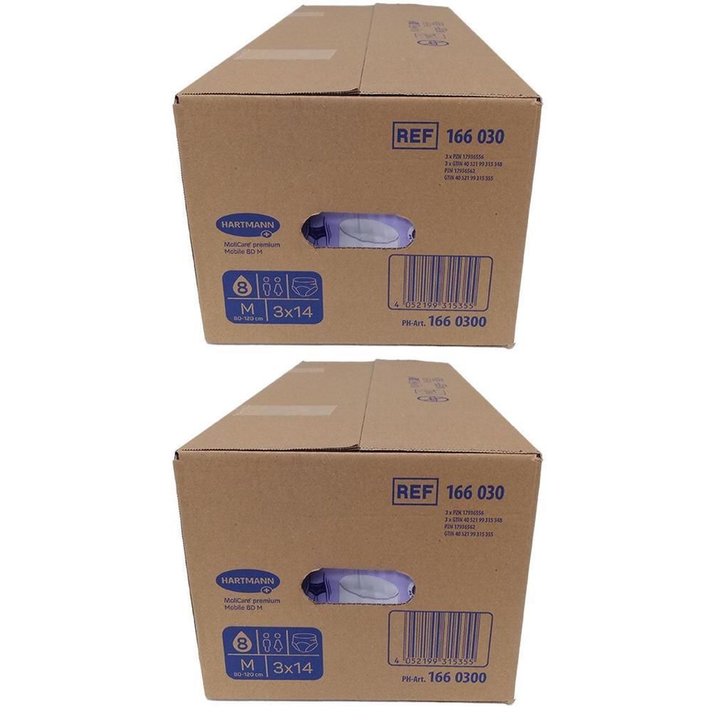 Zwei Kartons mit HARTMANN-Produkt. Aufdrucke: REF 166 030, Größe M, 3x14 Stück. Sichtbare Produktverpackung.