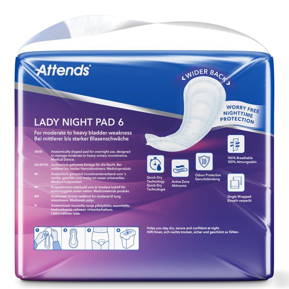 Attends Lady Night Pad 6. Blaue Verpackung. Produktabbildung. Text: Für mittlere bis starke Blasenschwäche. Merkmale: atmungsaktiv, geruchsbindend.