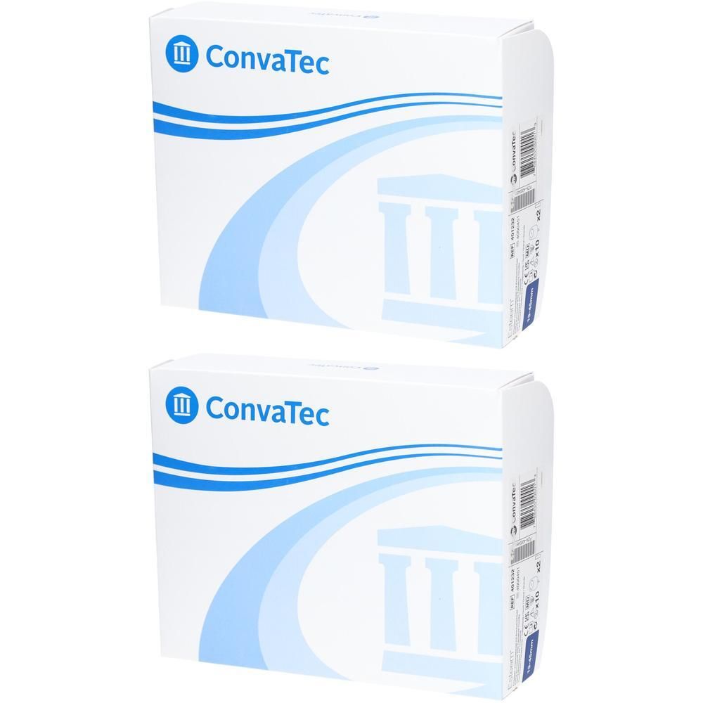 Zwei weiße Kartons mit blauen Wellen und dem Logo von ConvaTec. Aufdrucke und ein Säulen-Design.