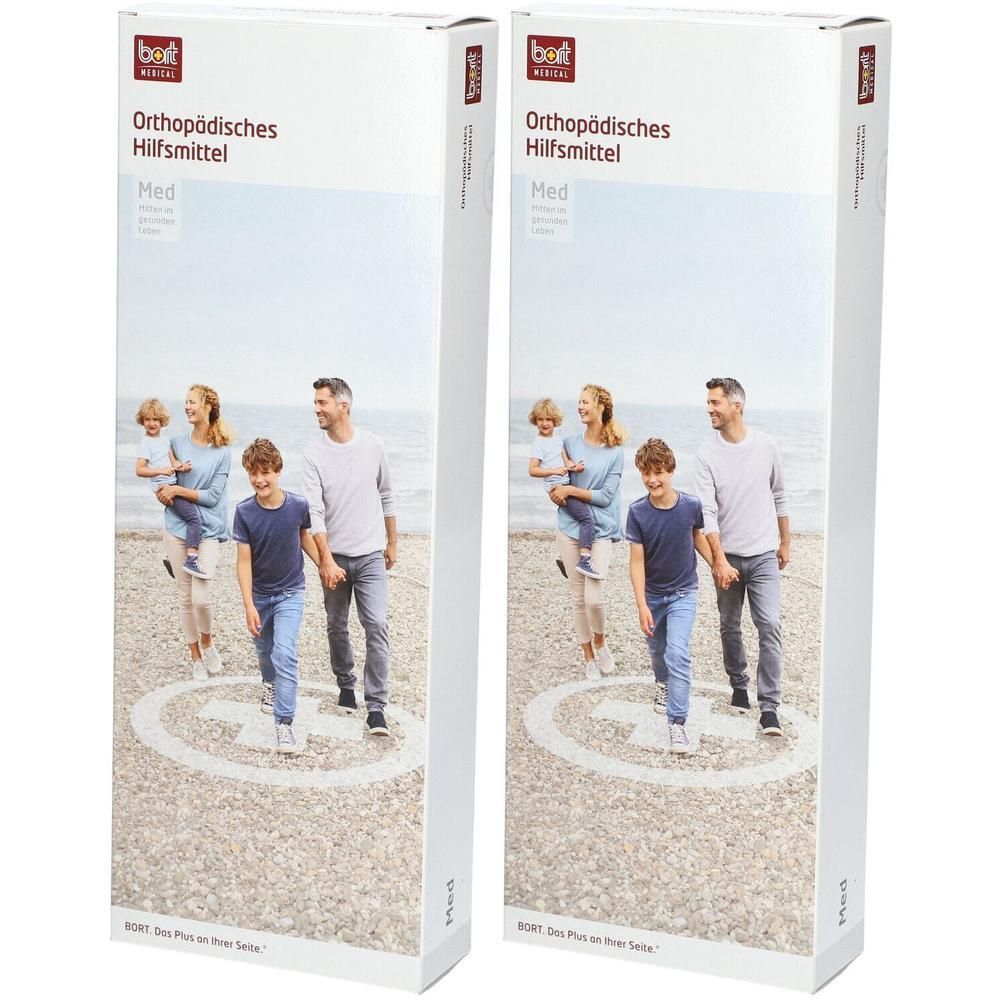 Zwei rechteckige Produktverpackungen. Aufdruck: BORT MEDICAL, Orthopädisches Hilfsmittel, Med. Abbildung einer Familie am Strand.