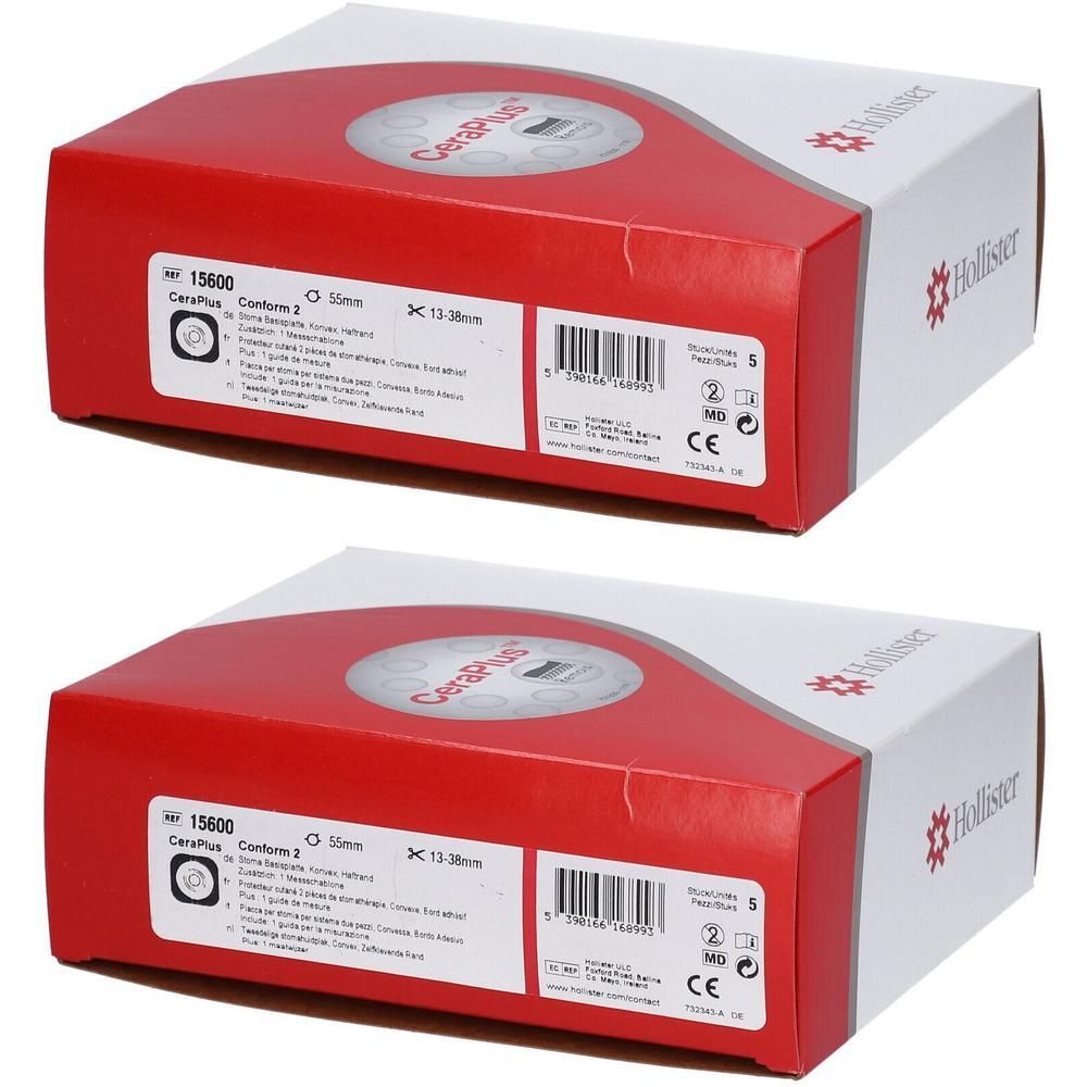 Zwei Produktverpackungen. Rot-weiße Kartons mit Produktnamen CeraPlus und Hollister-Logo. Größenangabe: 13-18 mm, 55 mm.