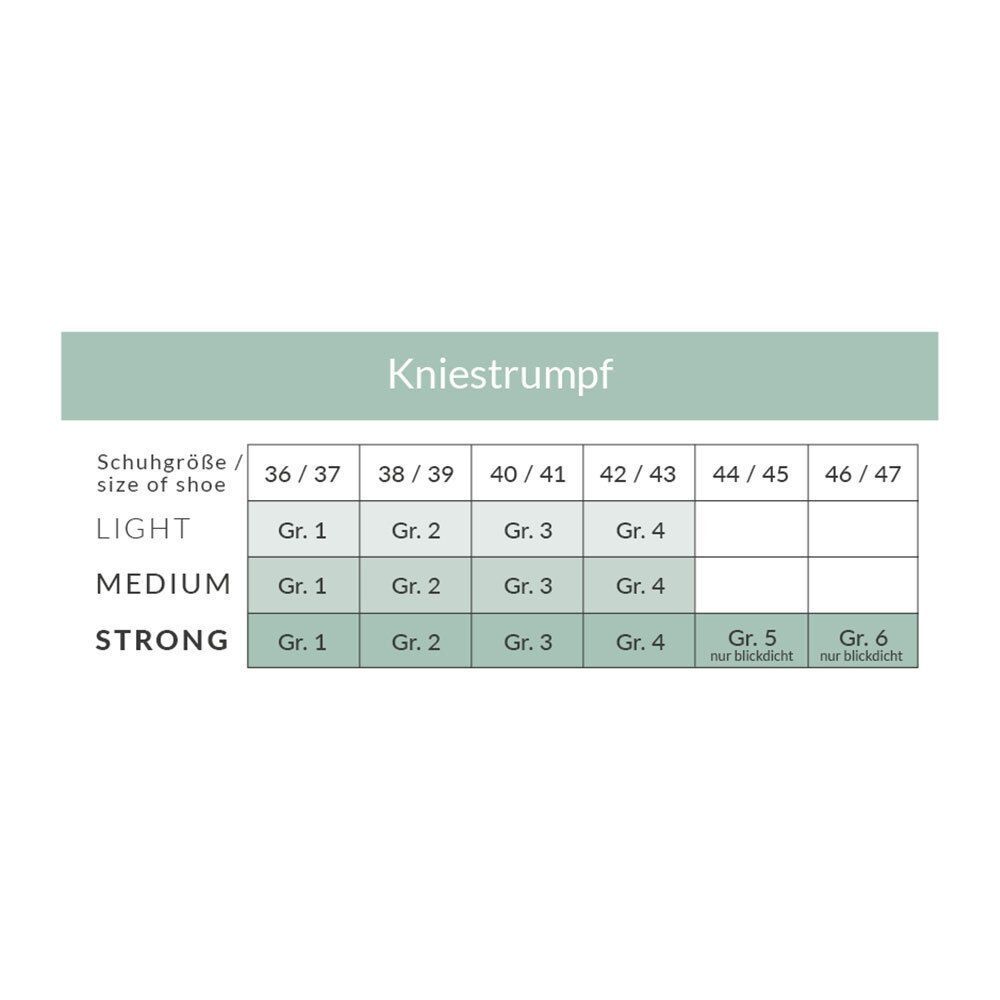 Größentabelle für Kniestrümpfe. Schuhgrößen 36/37 bis 46/47. LIGHT, MEDIUM, STRONG. Gr. 1 bis Gr. 6.