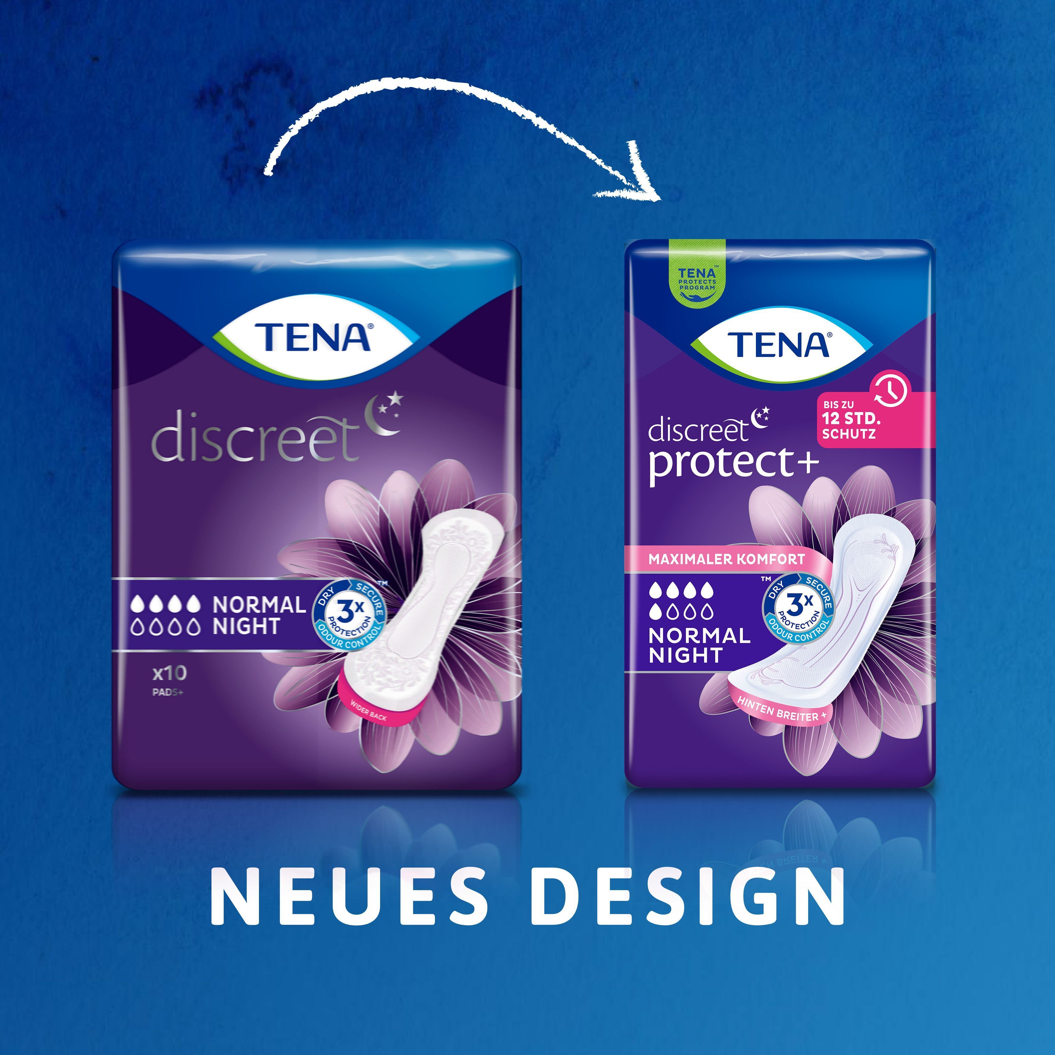 Zwei Packungen TENA Discreet Normal Night. Text: Neues Design.