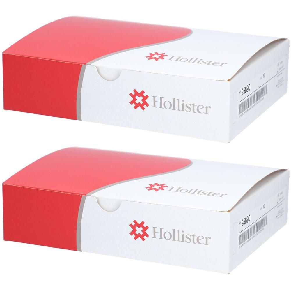 Zwei rechteckige Kartons. Weiß mit rotem Deckel. Hollister-Logo und Produktcode.