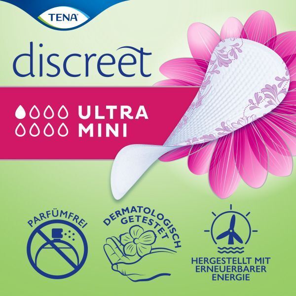 TENA Discreet Ultra Mini Inkontinenz Slipeinlage. Dermatologisch getestet, parfümfrei, mit erneuerbarer Energie hergestellt.