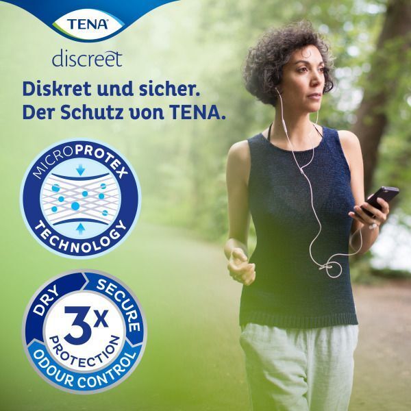 Frau beim Joggen mit Kopfhörern. Logos: microPROTEX Technologie und 3x Schutz. Text: Diskret und sicher.