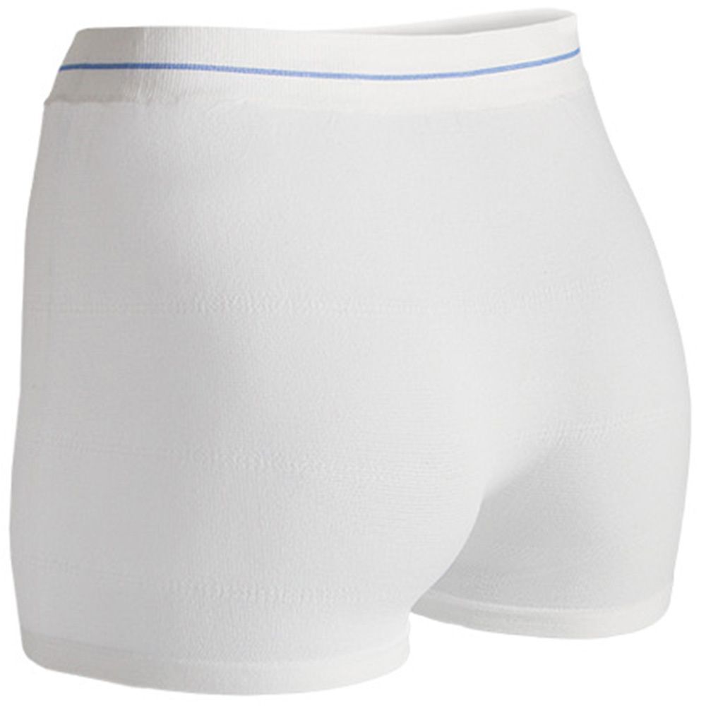 Weiße Fixierhose, Rückansicht. Blaues Band am Bund. Kurze Hose, aus weichem Material.