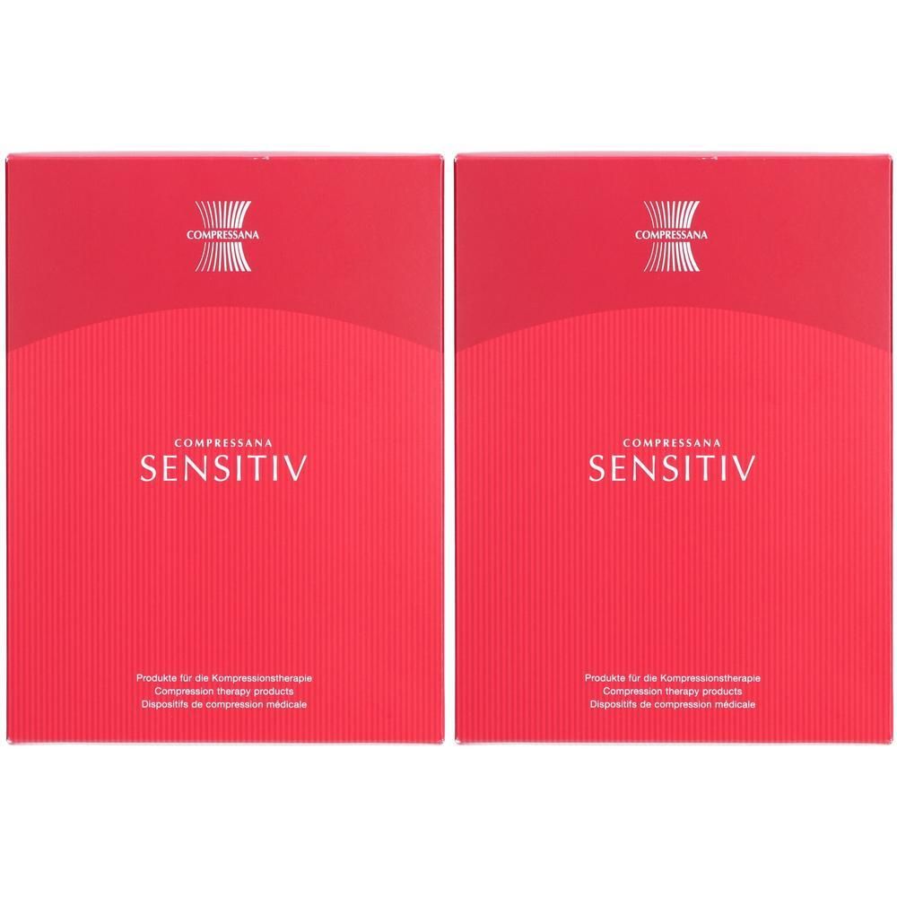 Zwei rote Verpackungen. Oben COMPRESSANA-Logo, darunter SENSITIV. Text: Produkte für Kompressionstherapie.