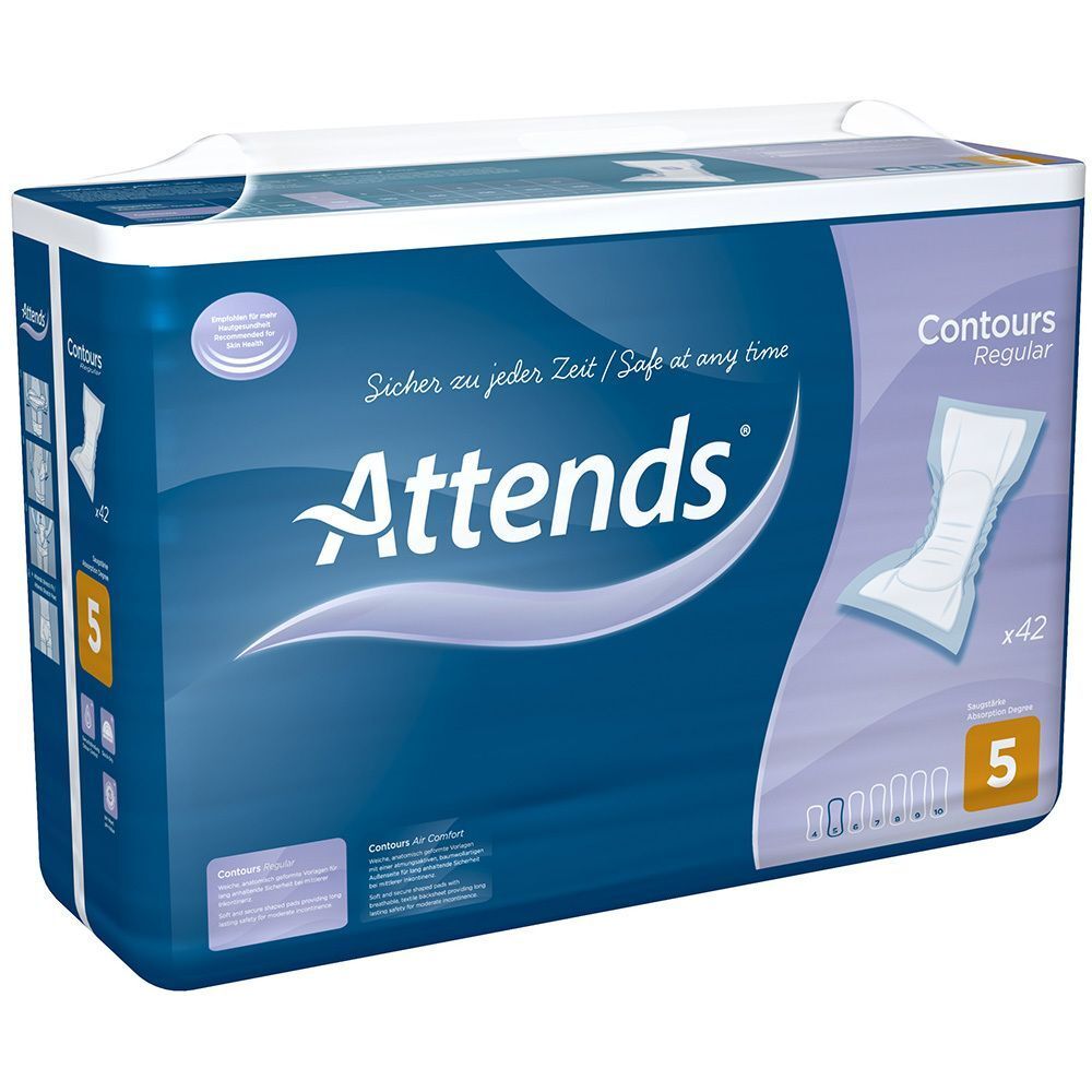 Attends Contours Regular 5 Vorlagen Verpackung. Blaue Verpackung mit Produktabbildung und Schriftzug Attends. Enthält 42 Stück.