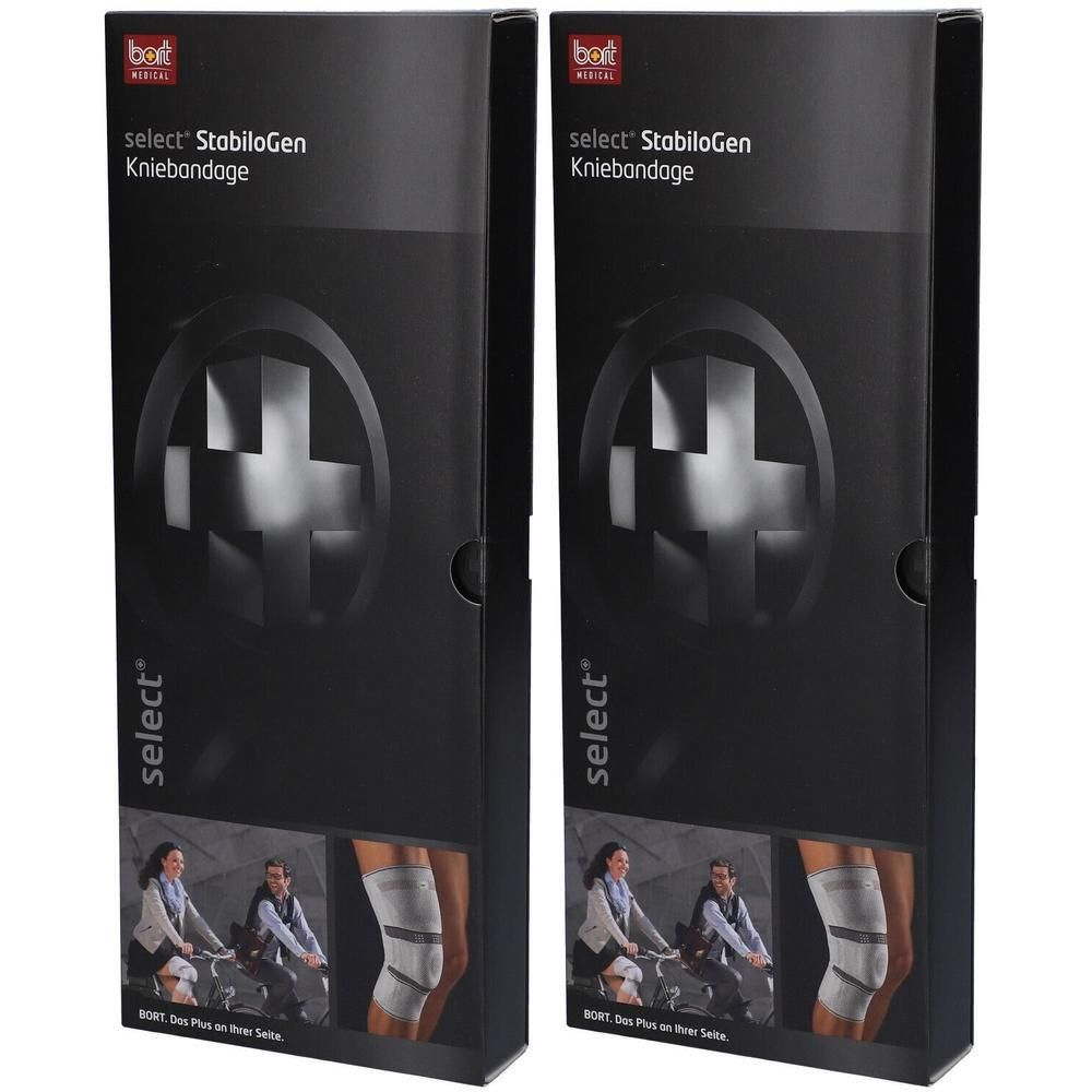 Zwei schwarze Produktverpackungen. Aufschrift: select StabiloGen Kniebandage. Abbildung einer Kniebandage. Logo mit Kreuz.