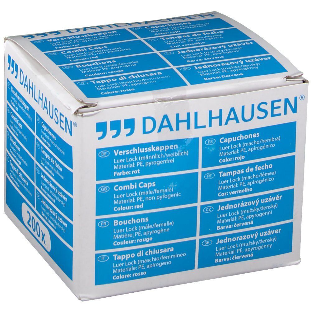 Verpackung von DAHLHAUSEN. Aufschrift: Verschlußkappen, Combi Caps, Bouchons, Tappo di chiusura. Farbe: rot. 200x.