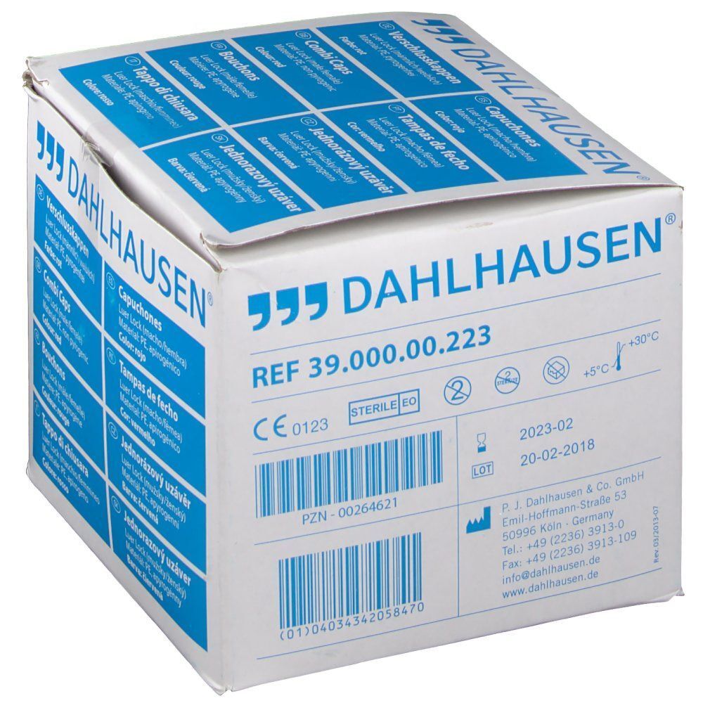 Verpackung von DAHLHAUSEN. Aufschrift: REF 39.000.00.223, CE 0123, STERILE EO, LOT, Verfallsdatum. Weiße Box.