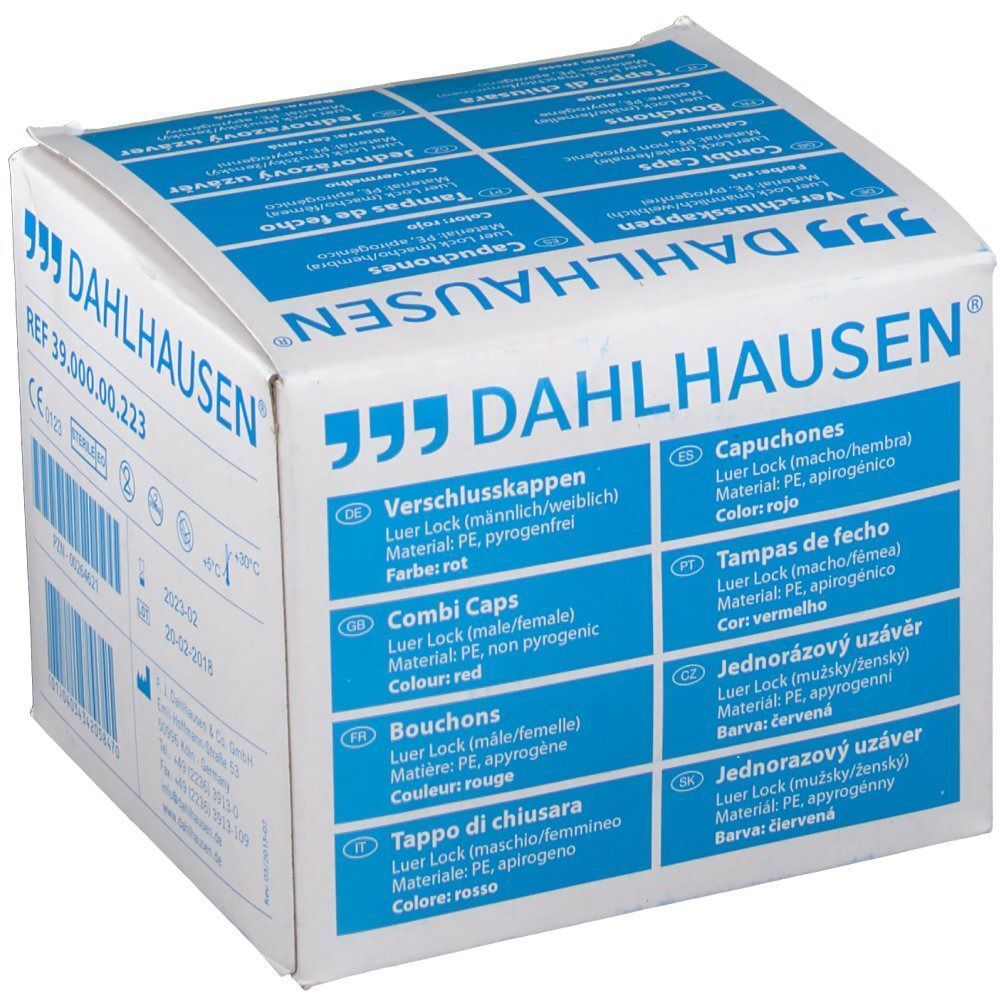 Verpackung von DAHLHAUSEN. Aufschrift: Verschlußkappen, Combi Caps, Bouchons, Tappo di chiusura. Farbe: rot. Weiße Box.