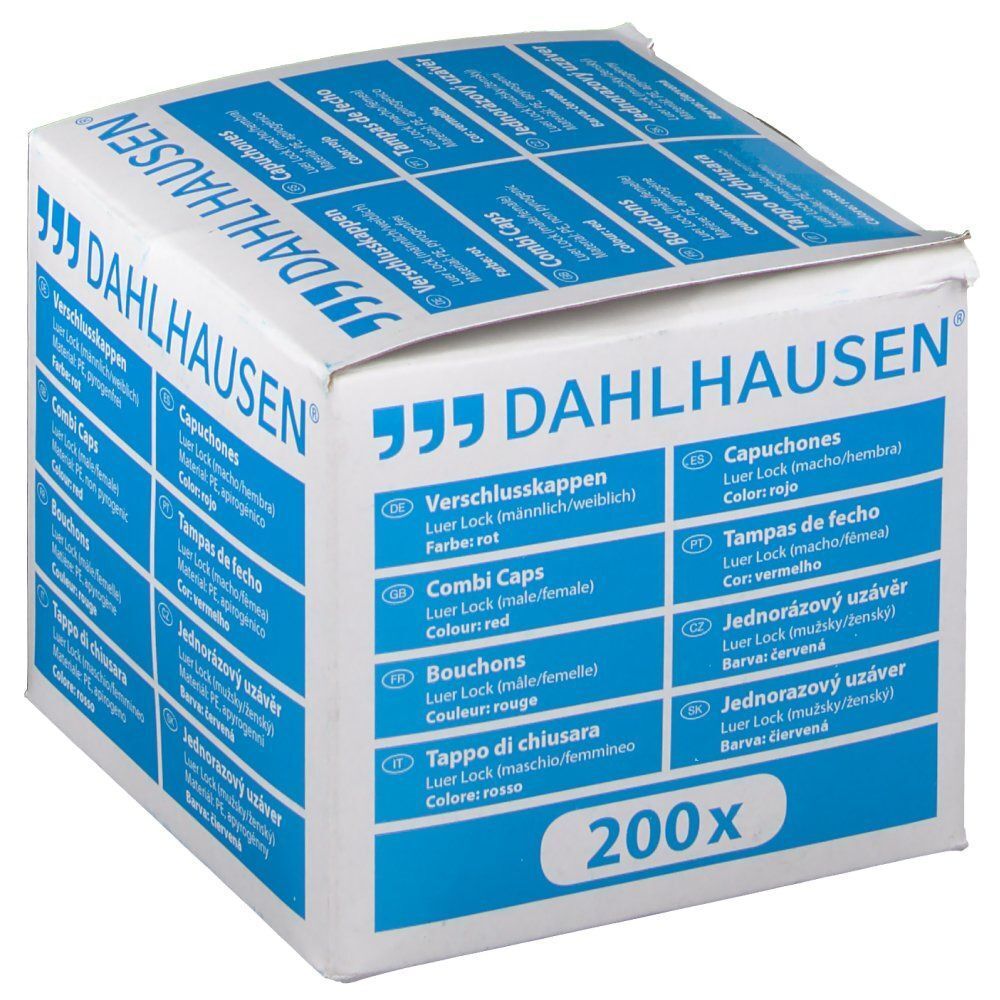 Verpackung von DAHLHAUSEN. Aufschrift: Verschlußkappen, Combi Caps, Bouchons, Tappo di chiusura. Farbe: rot. 200x.