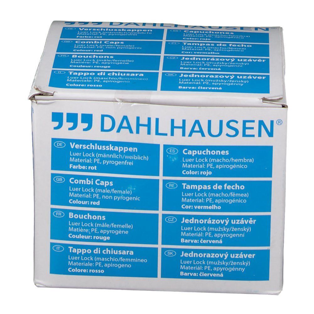 Verpackung von DAHLHAUSEN. Aufschrift: Verschlußkappen, Combi Caps, Bouchons, Tappo di chiusura. Weiße Box.