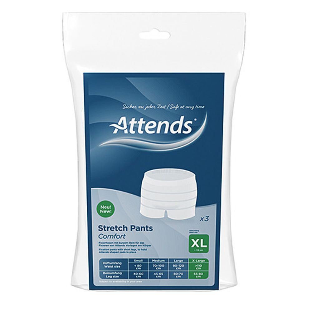 Attends Stretch Pants Comfort XL in Verpackung. Weiße Fixierhose mit Produktabbildung. Verpackung mit Größenangabe XL und Markenlogo.