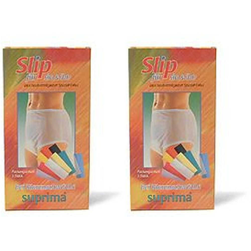 Zwei Packungen SUPRIMA Inkontinenzhose. Aufdruck: Slip. Produktabbildung. Farbige Streifen.