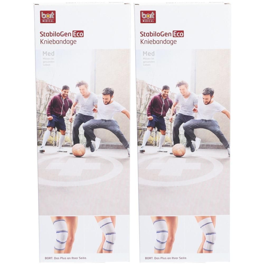 Zwei Produktverpackungen. Aufschrift: StabiloGen Eco Kniebandage. Abbildung: Kniebandage am Bein. Hintergrund: Fußballspieler.