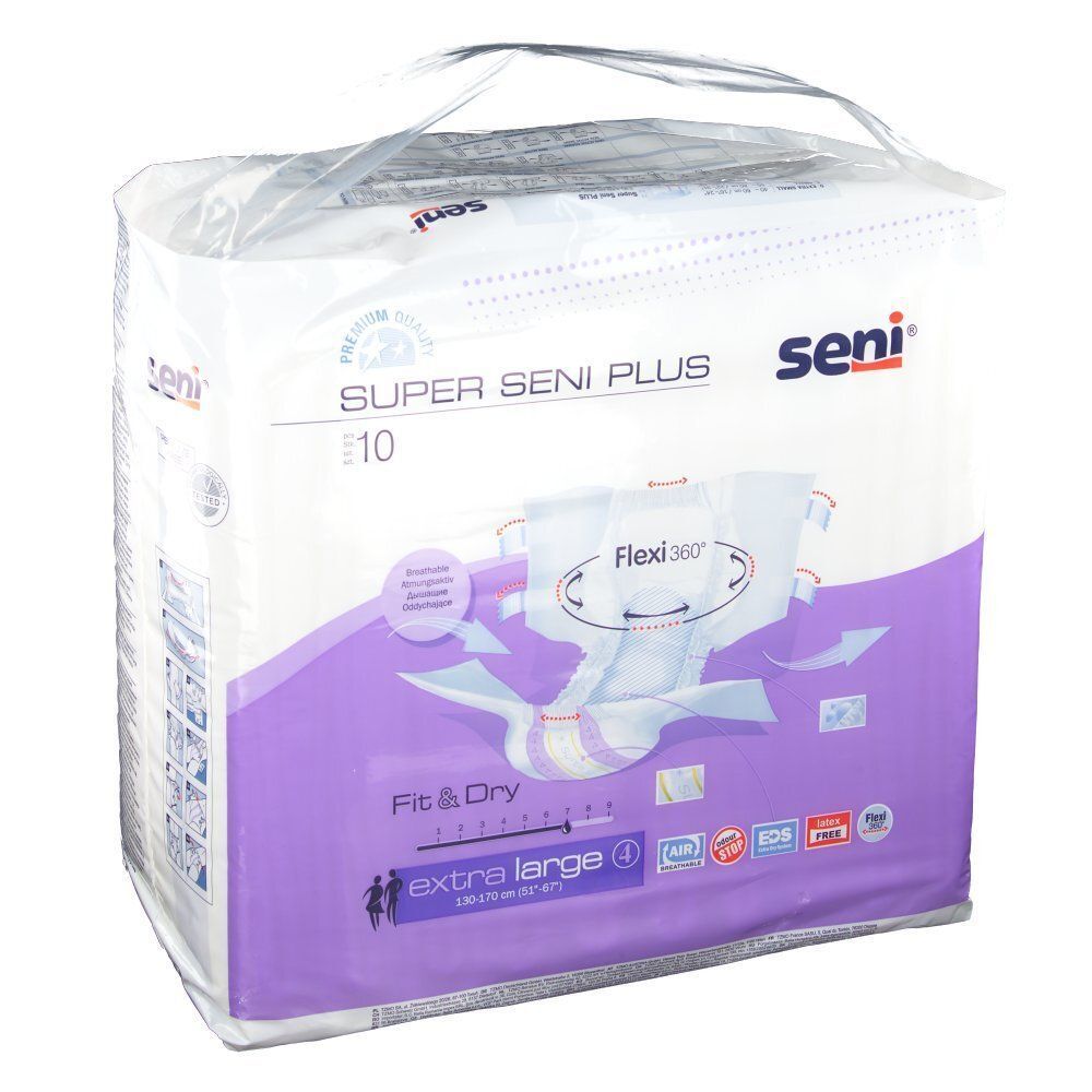 Verpackung Super SENI PLUS XL. Aufdruck: Seni, extra large 4. Mit Tragegriff. Flexi360-Funktion.