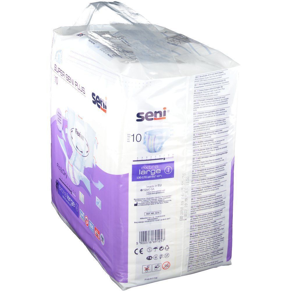 Verpackung Super SENI PLUS XL. Aufdruck: Seni, extra large 4. Rückseite mit Produktinformationen.