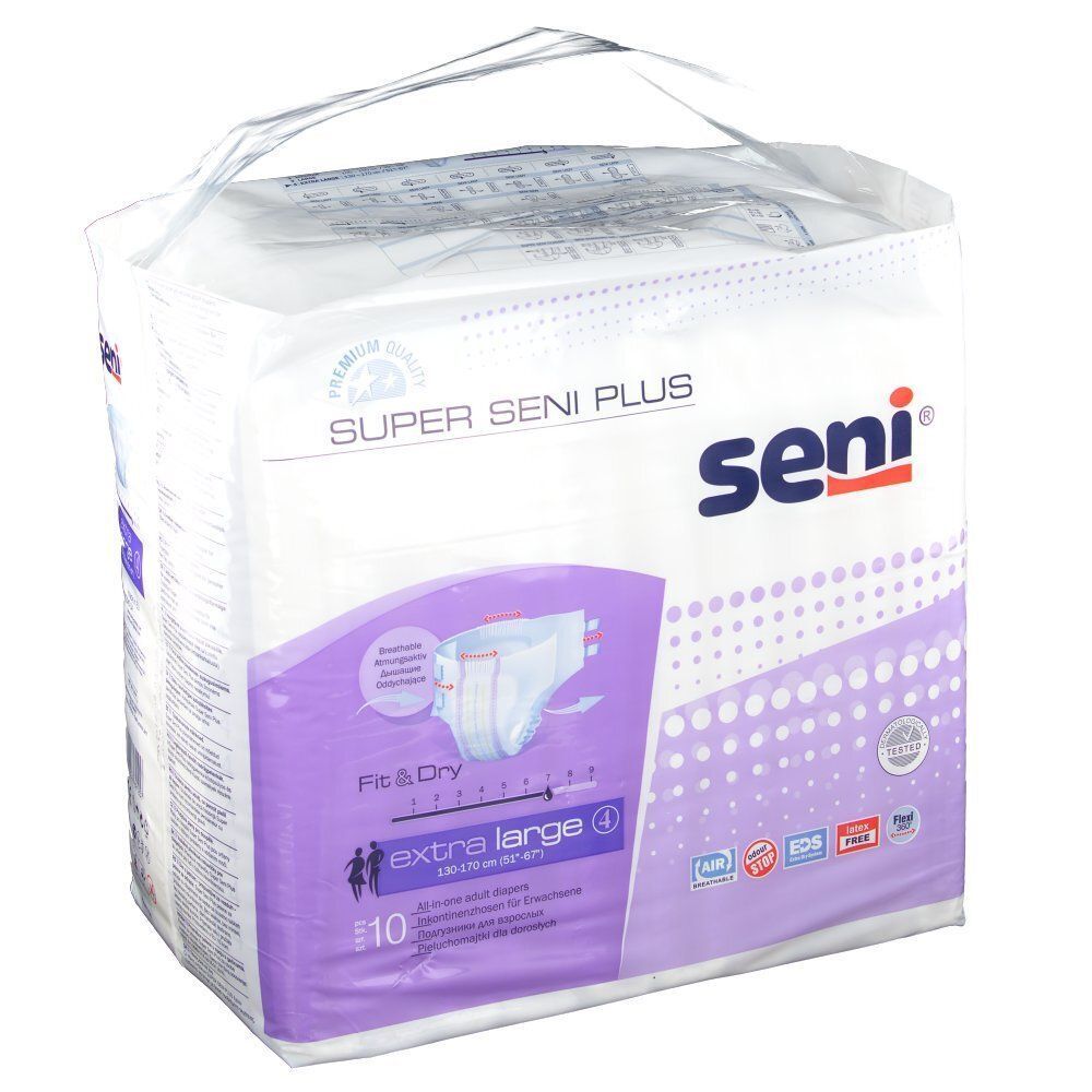 Verpackung Super SENI PLUS XL. Aufdruck: Seni, extra large 4. Mit Tragegriff.