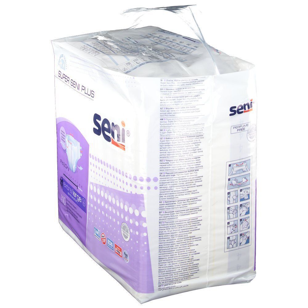 Verpackung Super SENI PLUS XL. Aufdruck: Seni, extra large 4. Rückseite mit Produktinformationen und Piktogrammen.