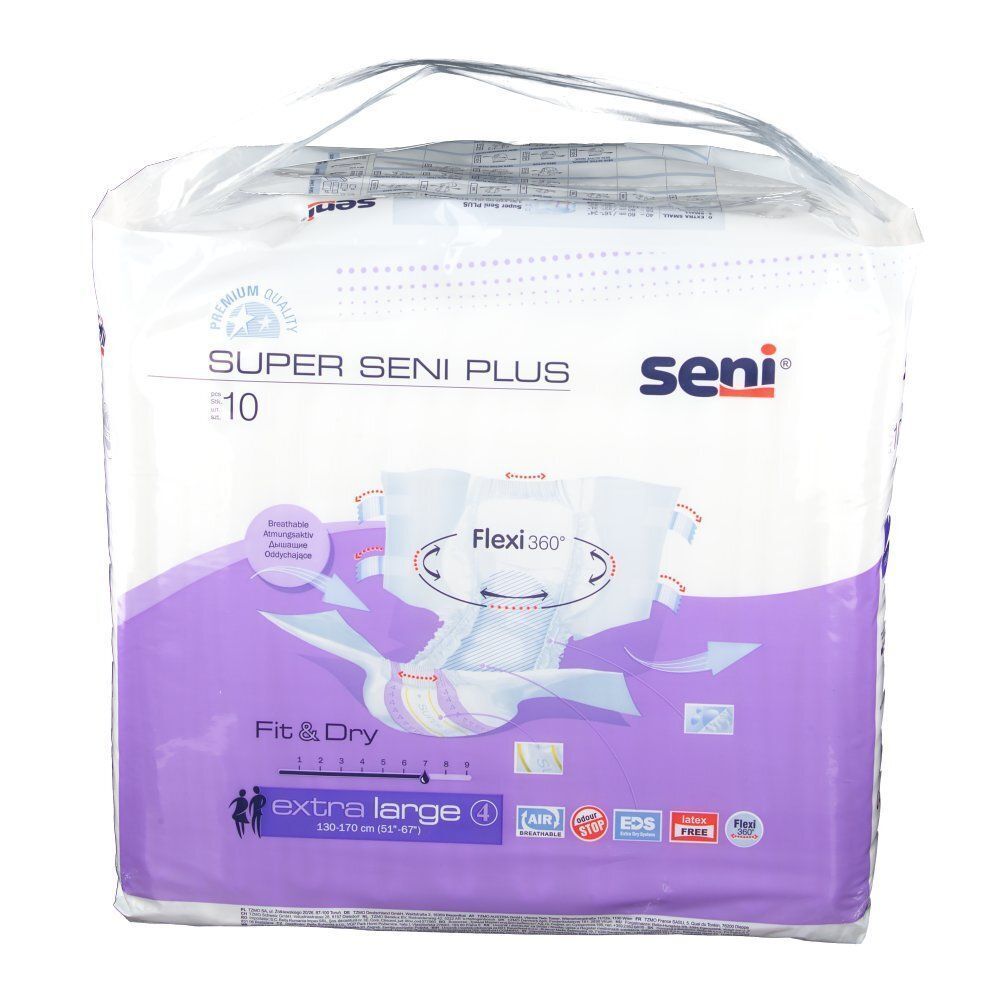 Verpackung Super SENI PLUS XL. Aufdruck: Seni, extra large 4. Flexi360-Funktion.