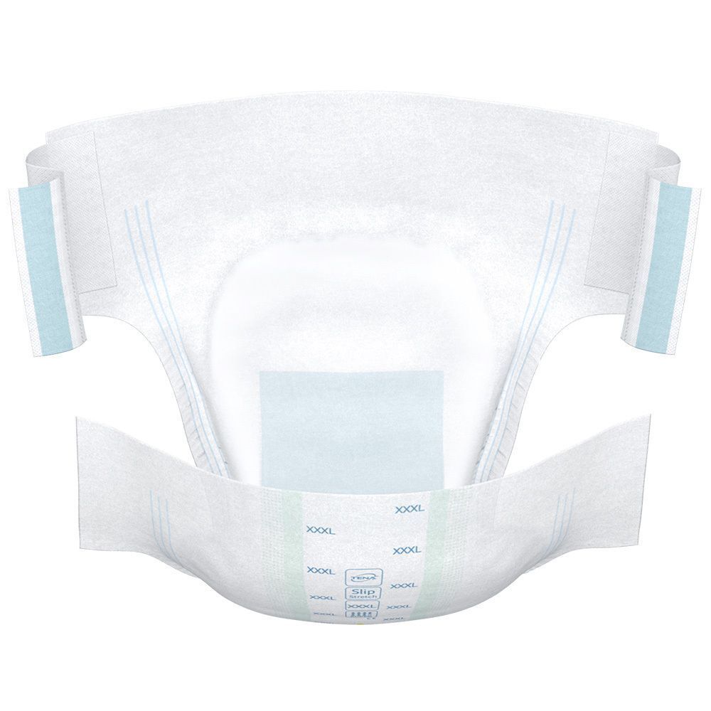 Weißer TENA Slip Bariatric Super XXXL, offen dargestellt. Blaue Details und Größenangaben. Produktmerkmal deutlich sichtbar.