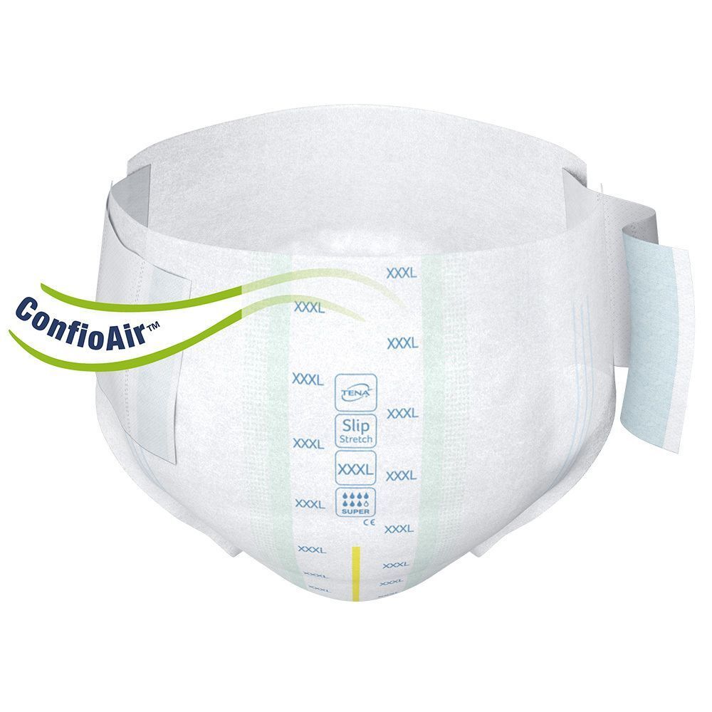 Weißer TENA Slip Bariatric Super XXXL. Produkt mit ConfiAir-Logo. Größenangabe XXXL. Produktmerkmal deutlich sichtbar.