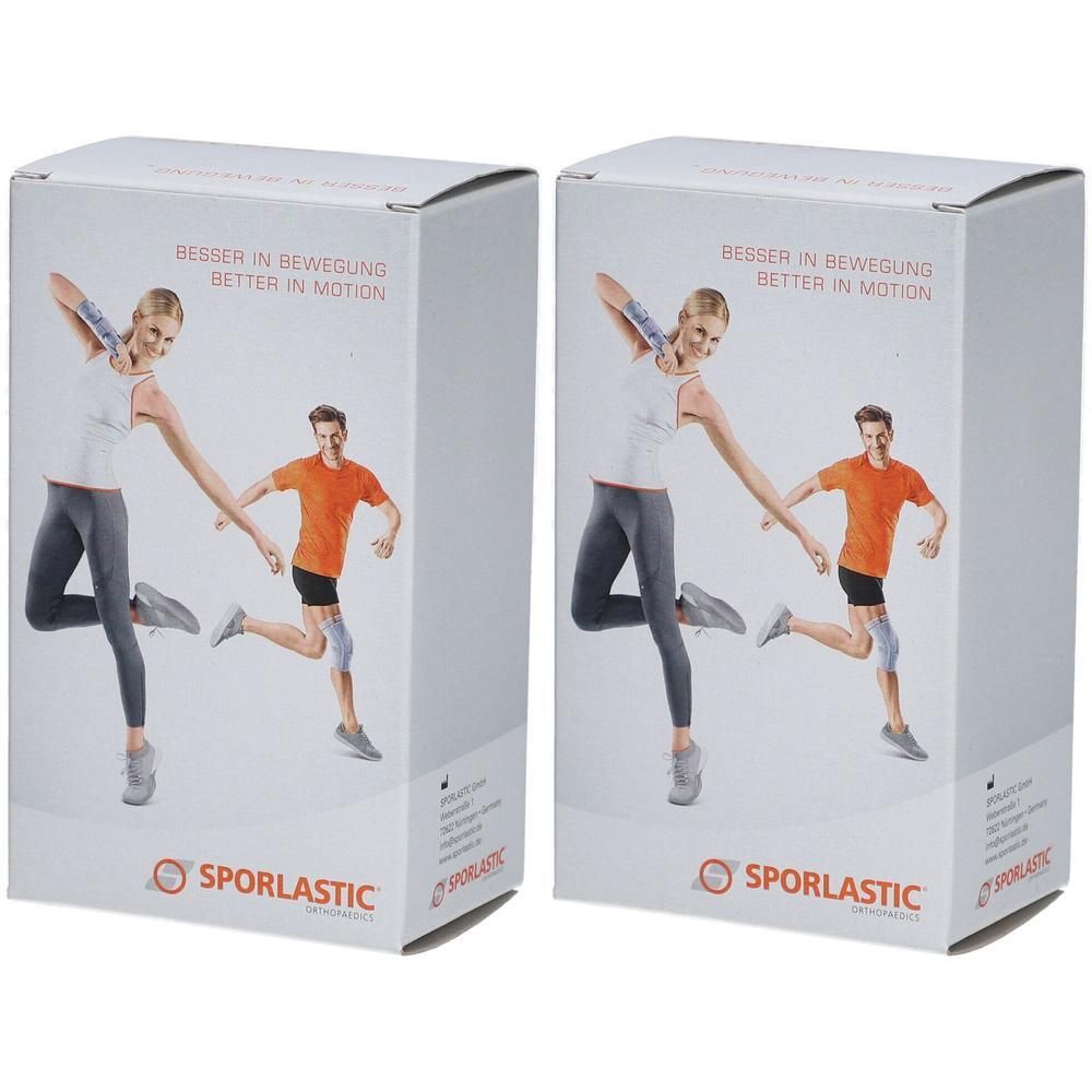 Zwei rechteckige Produktverpackungen. Aufdruck: Frau und Mann beim Sport, Schriftzug „Besser in Bewegung“ und „SPORLASTIC“.