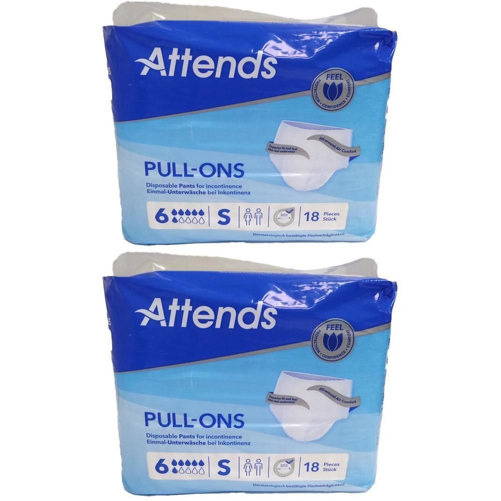 Zwei Packungen ATTENDS Pull-Ons 6 S. Blaue Verpackung mit Produktabbildung und Text. 18 Stück.