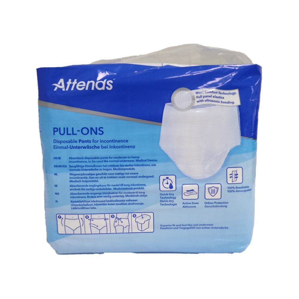 ATTENDS Pull-Ons 6 S Packung. Blaue Verpackung mit Produktabbildung und Text. Enthält Informationen.