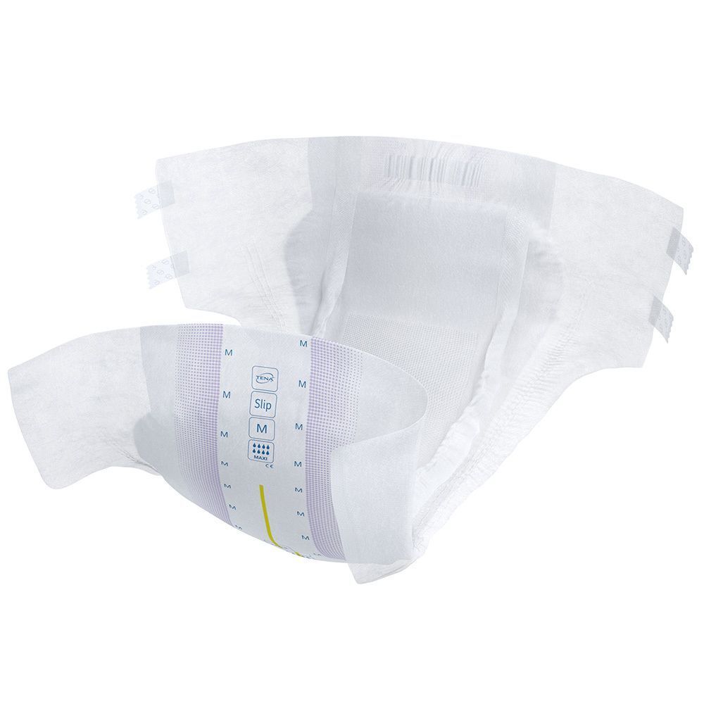 Weißer Inkontinenzslip. Sichtbar: Außenmaterial, Klebestreifen, Indikatorstreifen. Produktname nicht vollständig sichtbar.