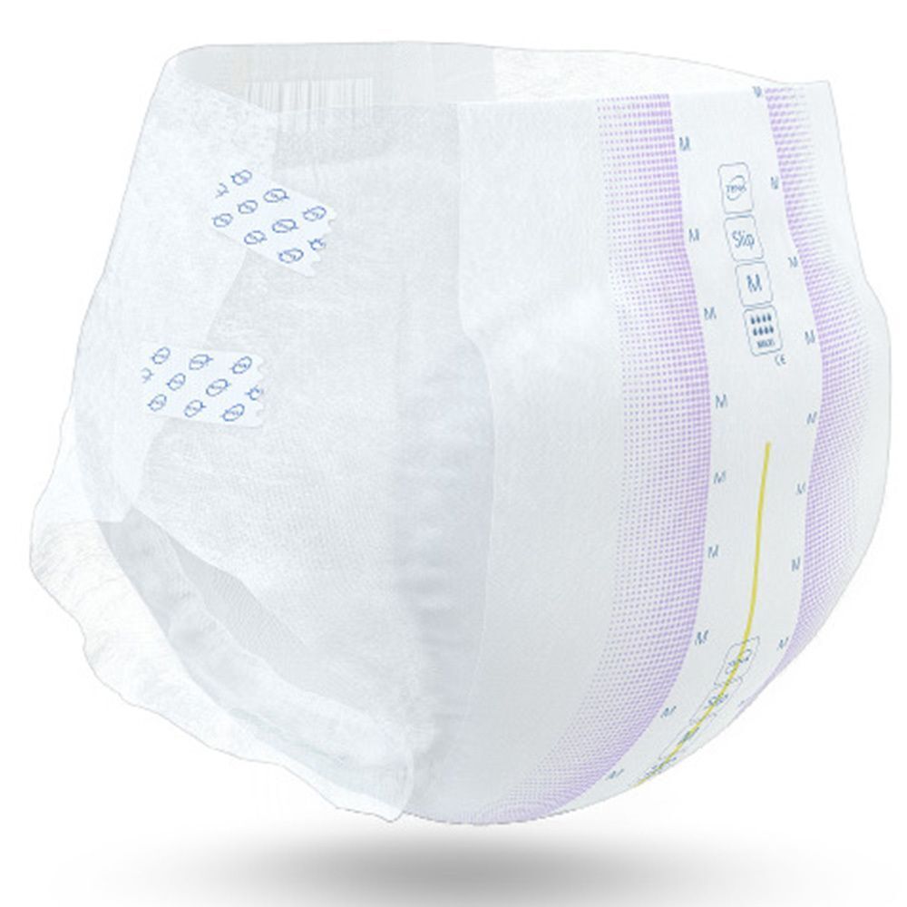 Weißer Inkontinenzslip. Sichtbar: Außenmaterial, Klebestreifen, Indikatorstreifen. Produktname nicht vollständig sichtbar.