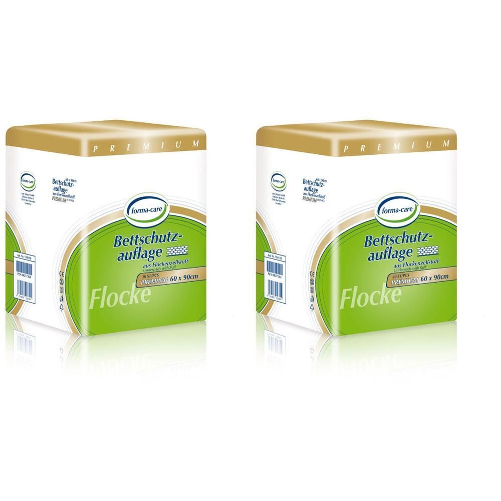 Zwei quadratische Verpackungen. Aufschrift: forma-care Bettschutzauflage Flocke 60 x 90 cm. Grün-weißes Design mit goldenem Deckel.