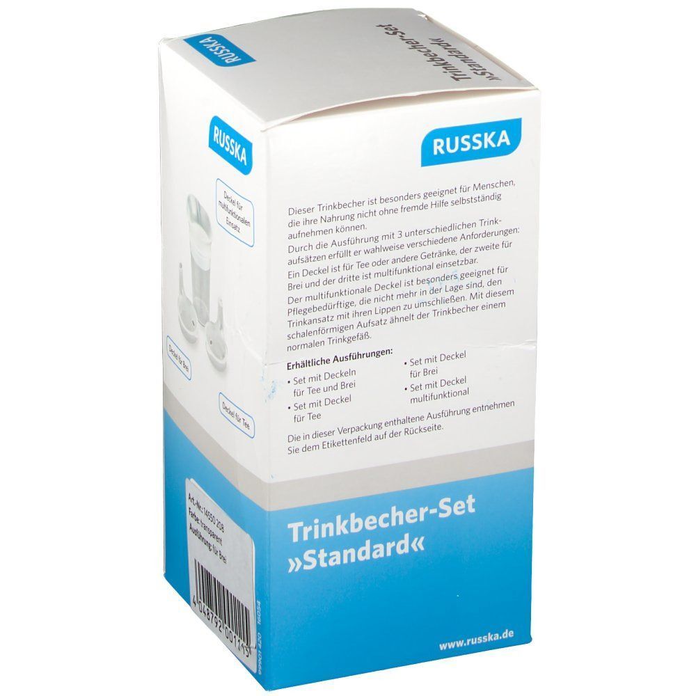 Verpackung eines Trinkbecher-Sets "Standard" von Russka mit Zubehör.