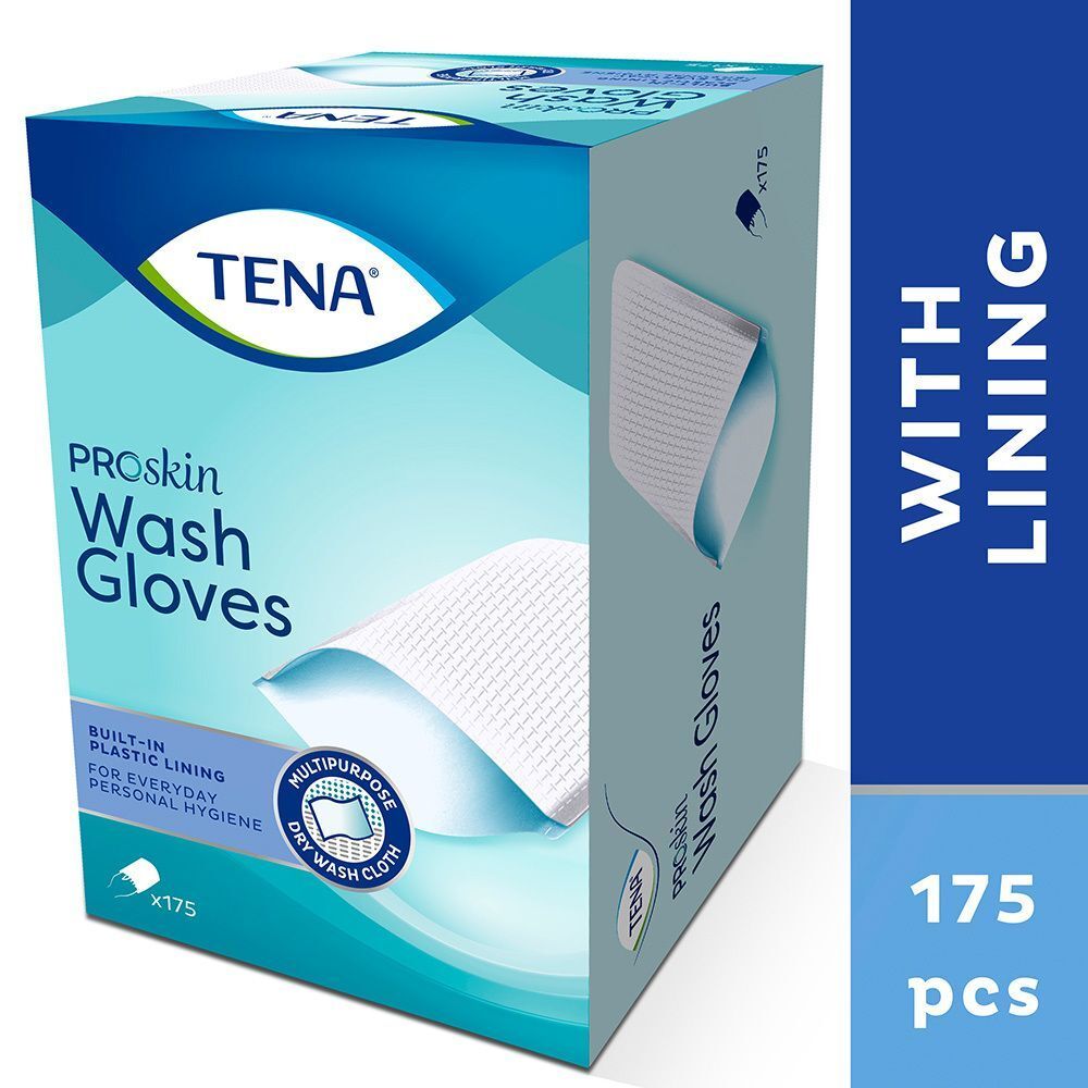 TENA ProSkin Wash Gloves Karton. Blaue und weiße Verpackung mit Produktnamen und Logo. Enthält 175 Stück. Mit Kunststoffauskleidung.