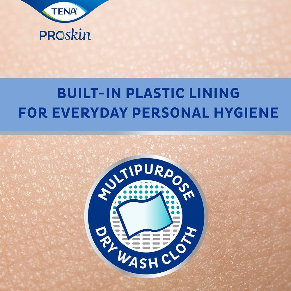 Nahaufnahme des blauen Logos 'Multipurpose Dry Wash Cloth' auf Haut. Text: 'Built-in plastic lining for everyday personal hygiene'.